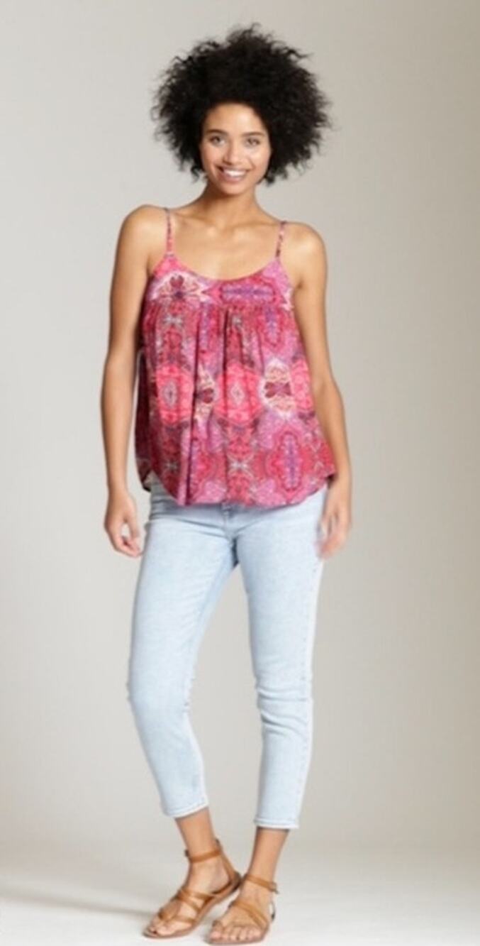 GAP Womens Boho Paisley Vibrant Shirred Babydoll Pink Red Flowy Top Size Small